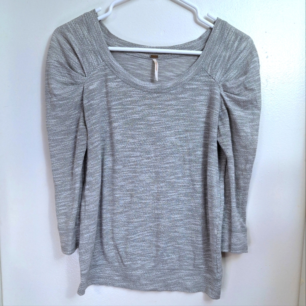 Free People Sweater Blouse Womens SP Puff Sleeve Scoop Neck Cotton Blend Gray